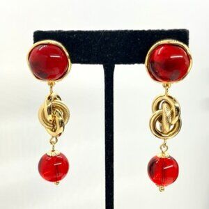 VINTAGE MOHUL STYLE Red Cabochon Earrings Gold Tone Knot Dangle Couture Style